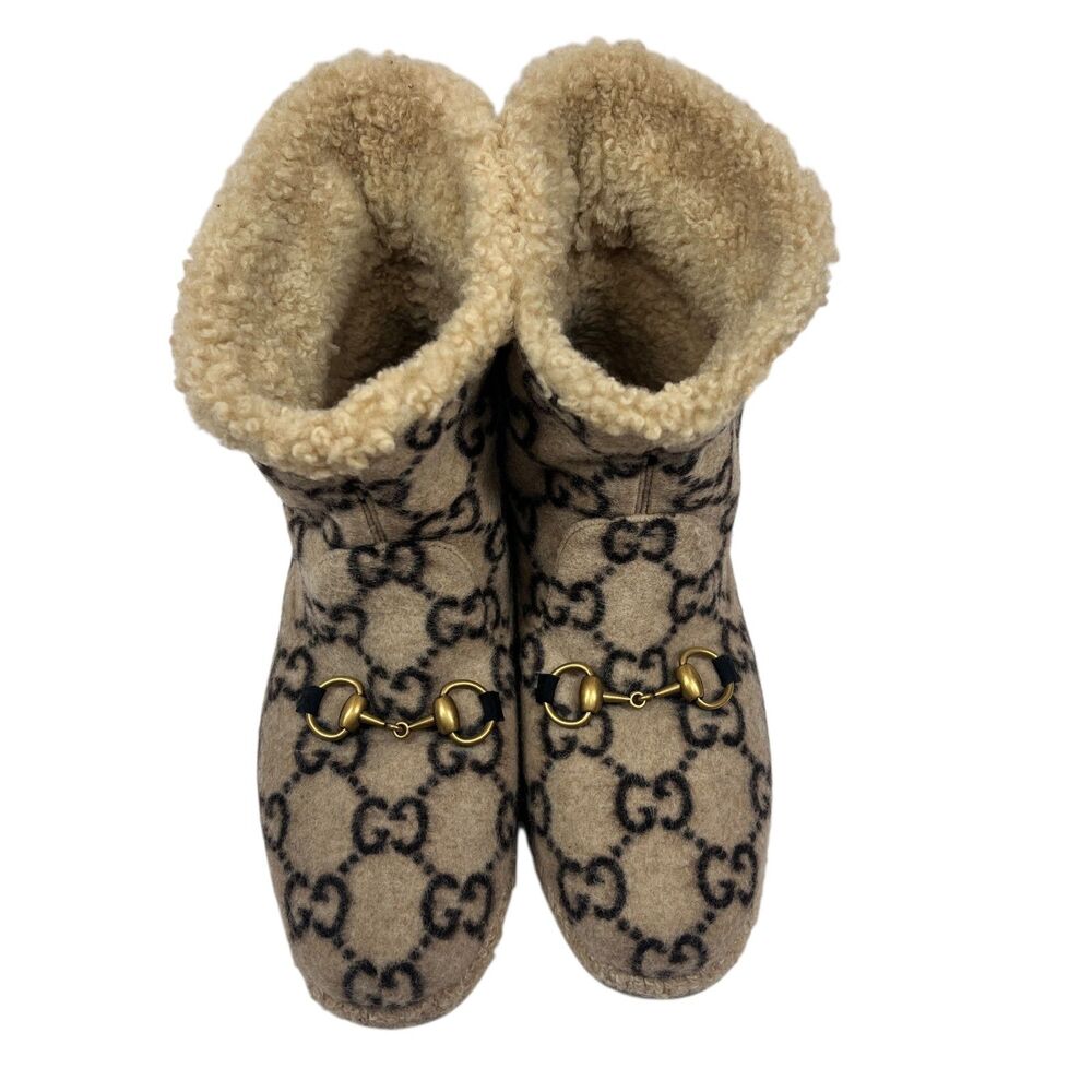 Gucci GG Monogram Wool Shearling Boots Beige Tan Women’s Size EUR 39.5 Horsebit - Picture 12 of 16
